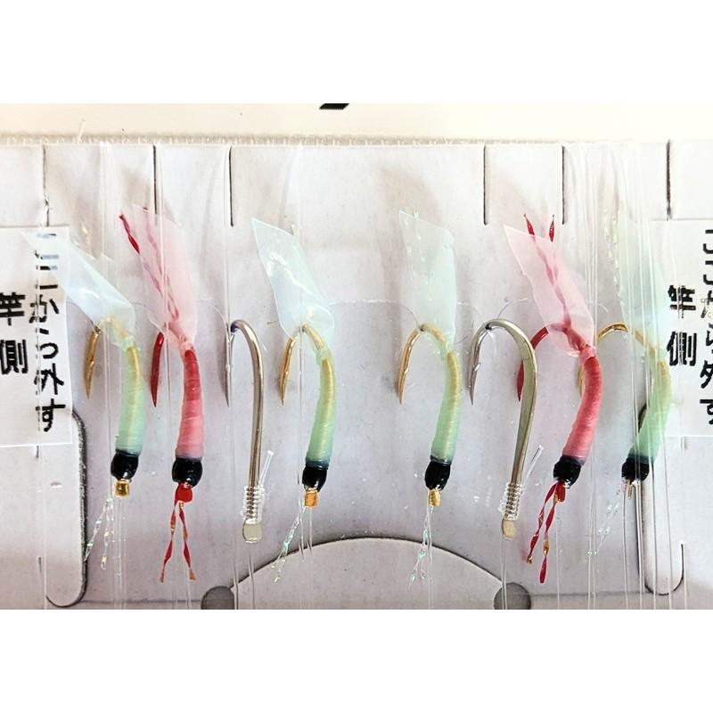 イサキ吹き流し4本針 リアルアミエビ/緑スキン&カラ針 7-3.5