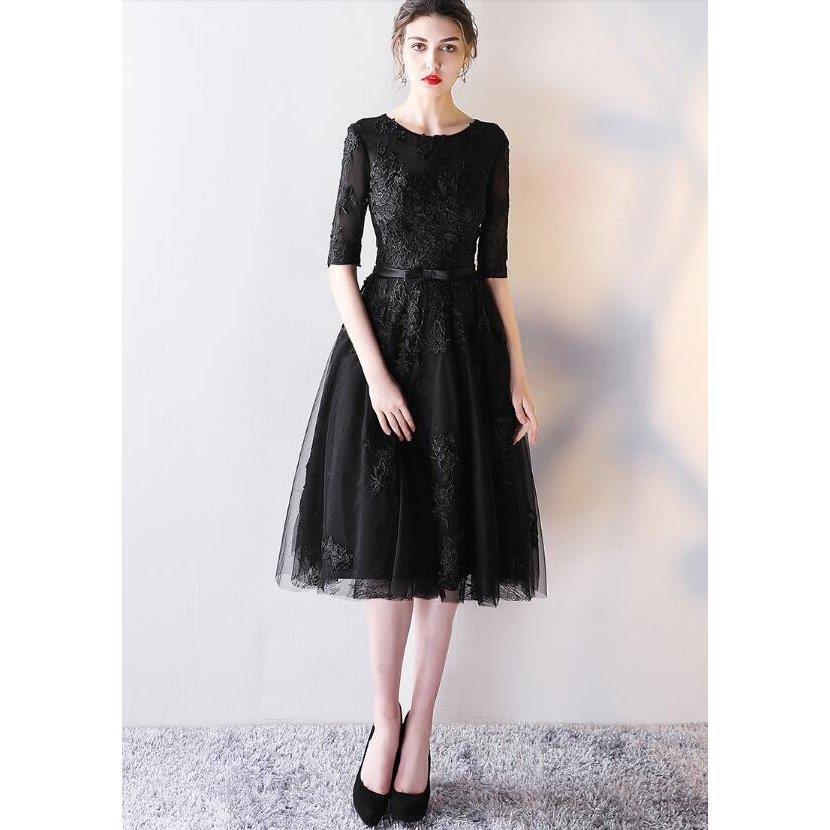 直売特注品 黒 プリンセスドレス ミモレ丈ドレス パーティードレス 袖ありレース エレガント フェミニン 演奏会 ピアノ着痩せイブニングドレス フォーマル 代30代40代50代 純正値下げ Www Superavila Com