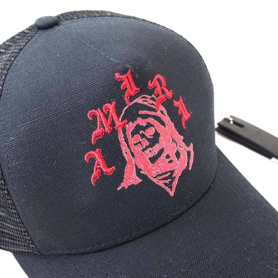 新品 AMIRI Grim Reaper 刺繍 トラッカー キャップ ブラック AMIRI（アミリ） Grim Reaper ロゴ 刺繍 メッシュ ベースボール