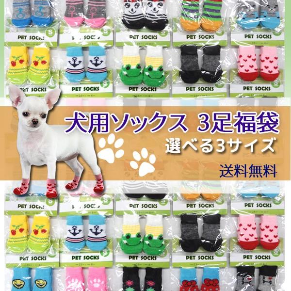 【レビューを書いて送料無料！】犬用 ソックス 3足福袋 ☆ Lサイズ ★ 滑り止め 靴下 肉球 保護 介護 リハビリ 怪我 防寒 お楽しみ 小型犬 猫 ペット | 