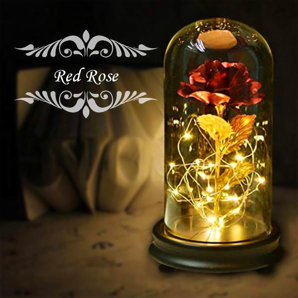 レビューを書いて送料無料★LED ローズライト（レッド/ゴールド)  マジカルローズ ランプ バラ ギフト プレゼント 贈り物 ガラスドーム 電池 赤 金 薔薇 光る |  | 01