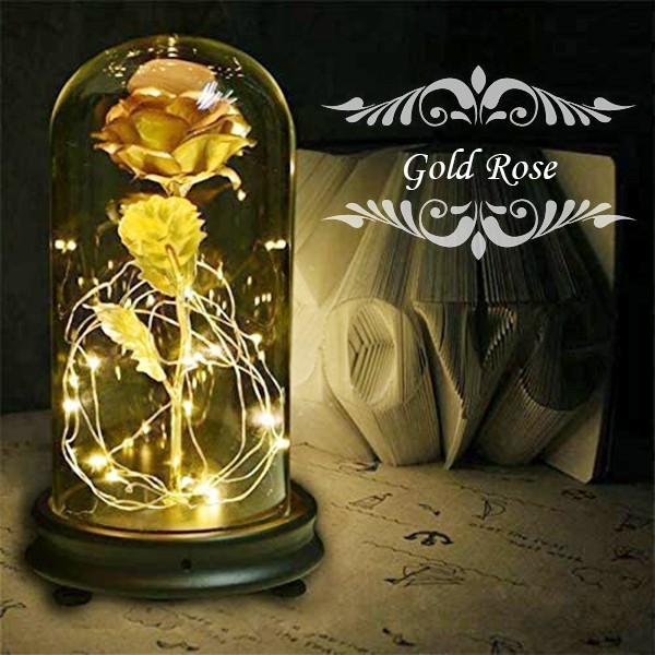 レビューを書いて送料無料★LED ローズライト（レッド/ゴールド)  マジカルローズ ランプ バラ ギフト プレゼント 贈り物 ガラスドーム 電池 赤 金 薔薇 光る |  | 02