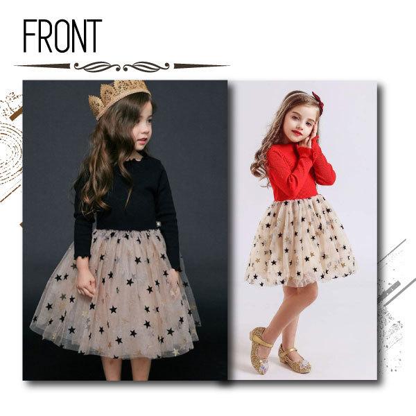 スターシフォンワンピース 長袖 女の子 子供 キッズ ふんわり チュール 子ども ドット 星柄 プリント シフォンスカート 110 120 130 140 クリスマス ドレス |  | 07