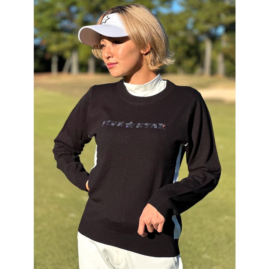 FIVE STAR ニット ゴルフ メンズ 薄手 ストーン ライン 刺繍 ブラック