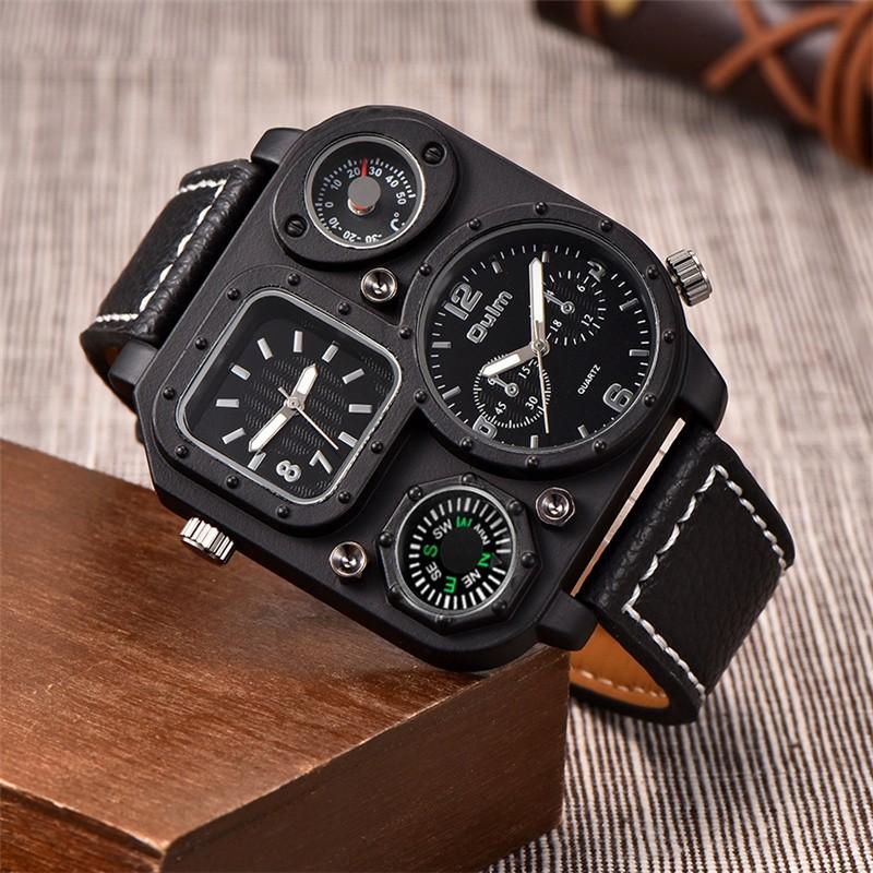 腕時計 Oulm 限定版ユニークな黒腕時計 メンズスポーツクォーツ腕時計 二つのタイムゾーンクロック装飾コンパス 温度計 輸入雑貨