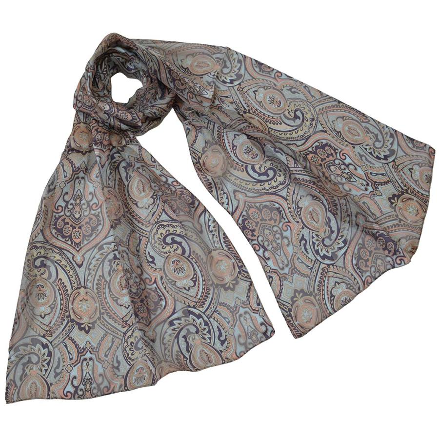 シルク100% サテンストライプ ハンドプリント ロングスカーフ