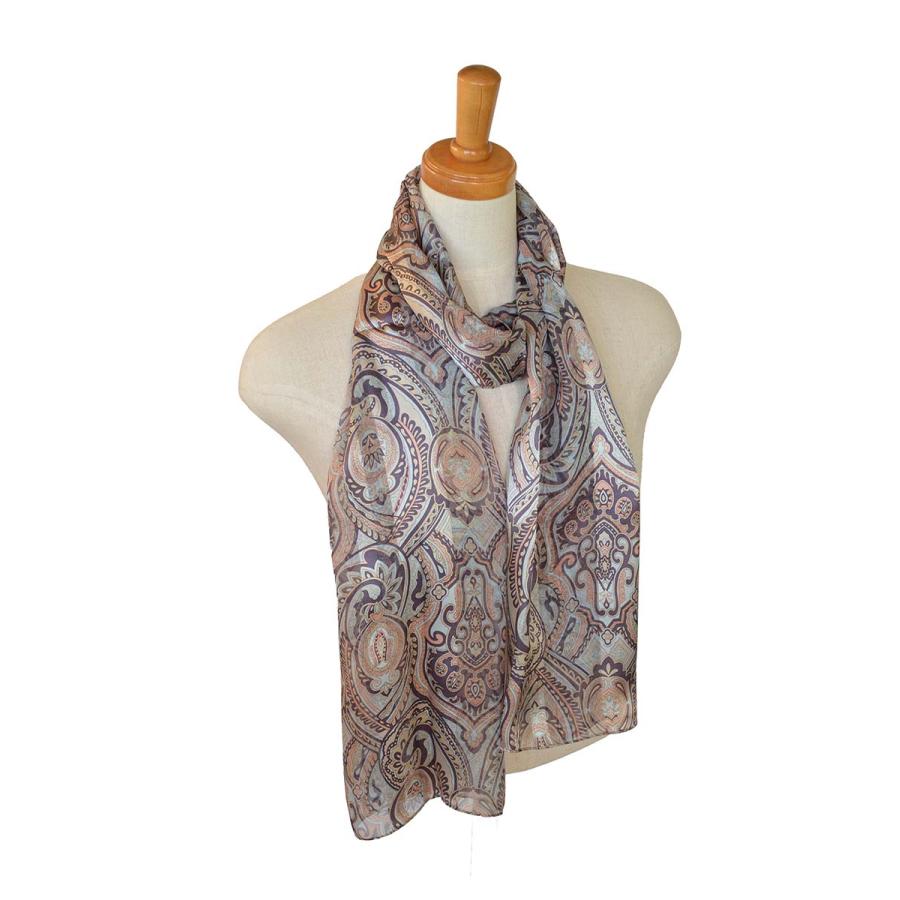 シルク100% サテンストライプ ハンドプリント ロングスカーフ