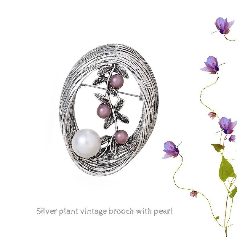 ブローチ/パールとリーフのシルバーブローチ レディース ヴィンテージ風 スカーフピン ストールピン クリップ 母の日 退職プレゼント 卒業式