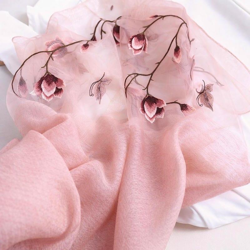 花柄と蝶の刺繍ウールシルク大判ストール レディース 春 夏 春夏 秋 冬 