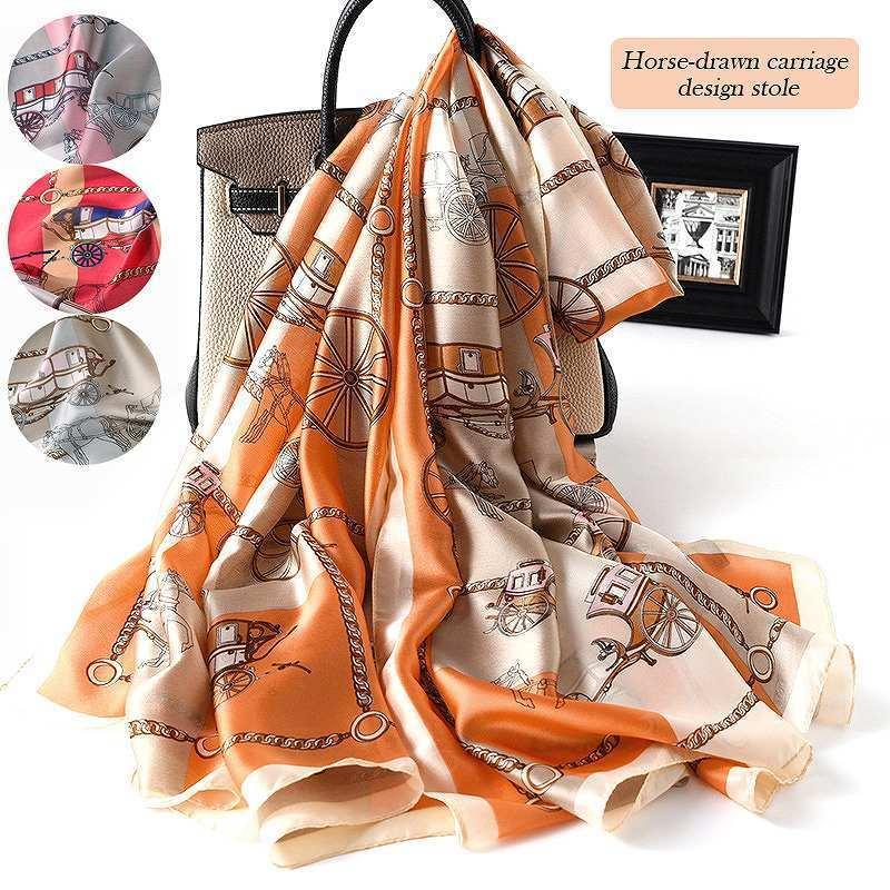 ストール エレガントな馬車柄プリントサテン大判ストール 馬 結婚式