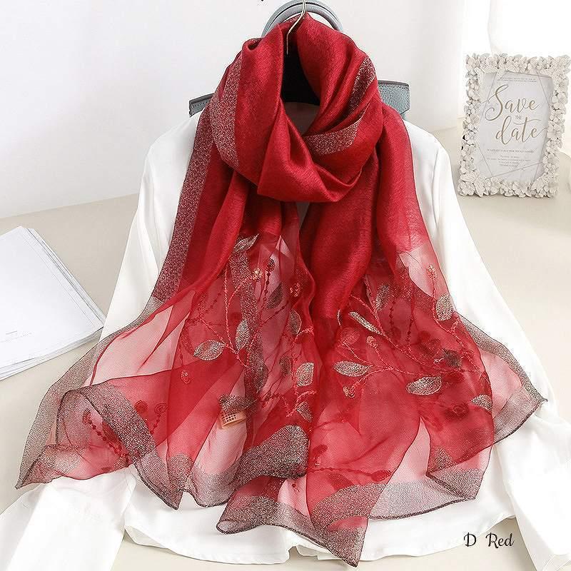 リーフ柄刺繍シルクウール大判ストール 薄手 レディース 春 夏 春夏 秋