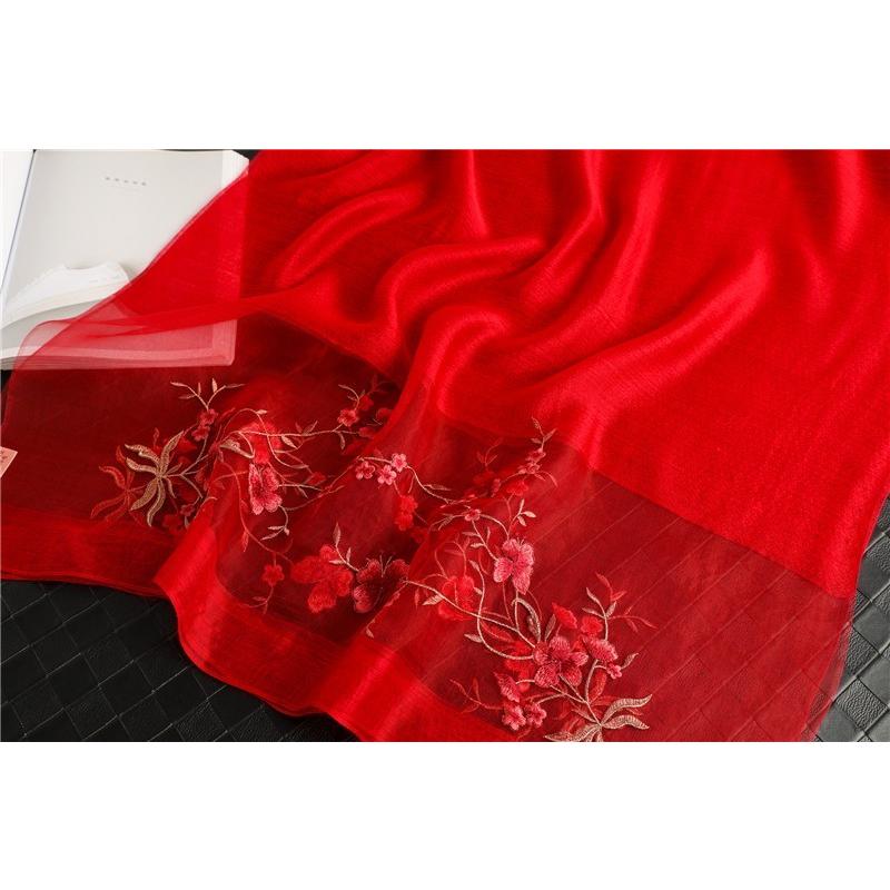 ストール 花柄刺繍シルクウール大判ストール 刺繍 レディース 春 夏 春  