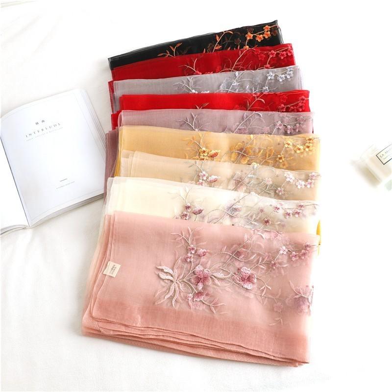 ストール 花柄刺繍シルクウール大判ストール 刺繍 レディース 春 夏 春  