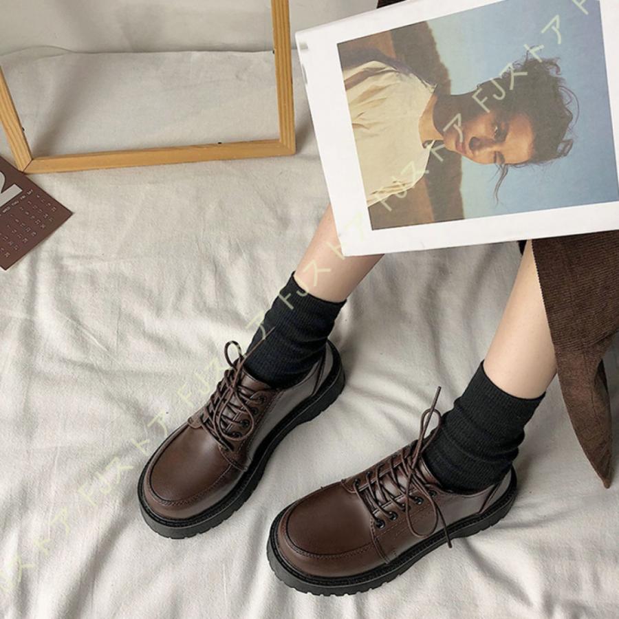ローファー 厚底 ステッチ レースアップ レトロ 光沢 PU ローファー 厚底 ステッチ レースアップ レトロ 光沢 PU