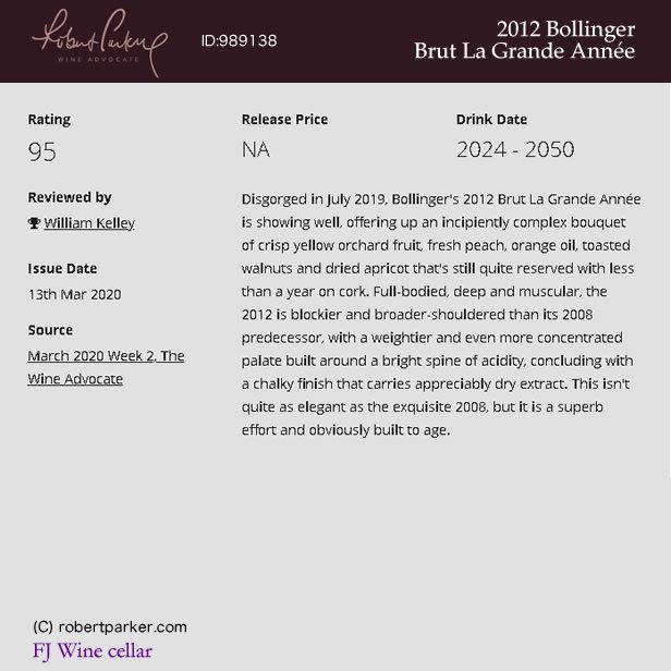 [2012] ボランジェ　グラン・ダネ　 シャンパーニュ [Champagne Bollinger Grande Annee] 