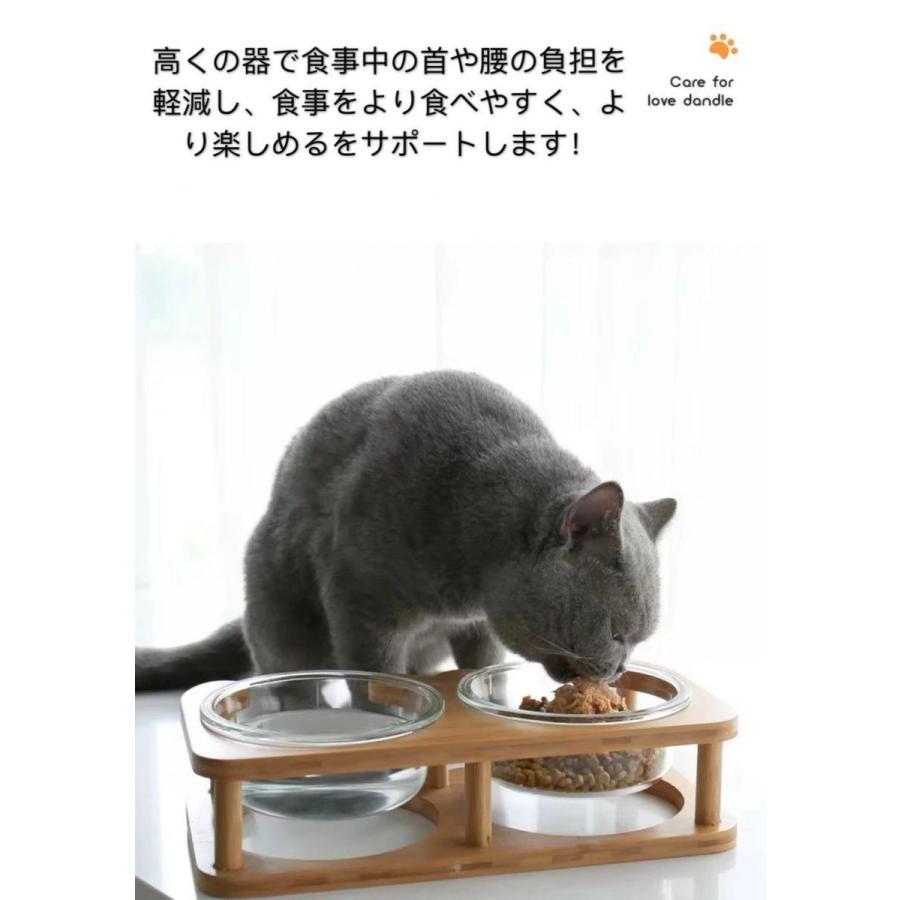 ペット食器 ダブルボウル Sサイズ 餌入れ 猫 キャットフード 皿 食器 ボウル 犬 餌 おしゃれ 水 食べやすい (透明ボウル2皿+木スタンド) 猫の餌 グラス製餌入れ｜fkd-shop｜02