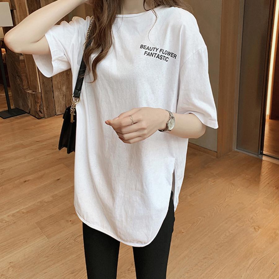 ロングtシャツ レディース ゆったり カットソー サイドスリット tシャツ 英字ロゴ 体型カバー 半袖 春夏 トップス オーバーサイズ｜fkd-shop｜04