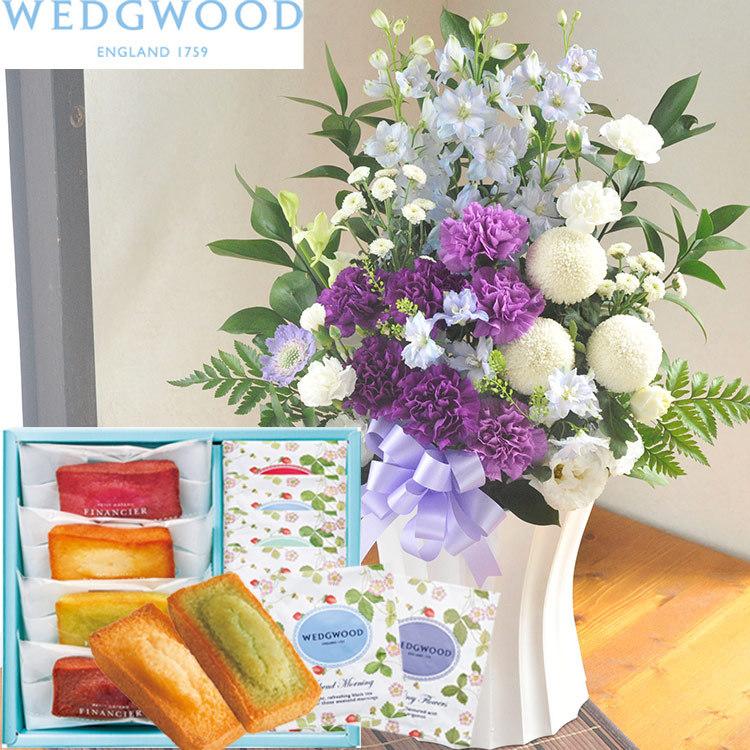 花とスイーツのセット　ムーンダストを使ったお供えアレンジメントLサイズ+ティーバッグセット 　FKAASW