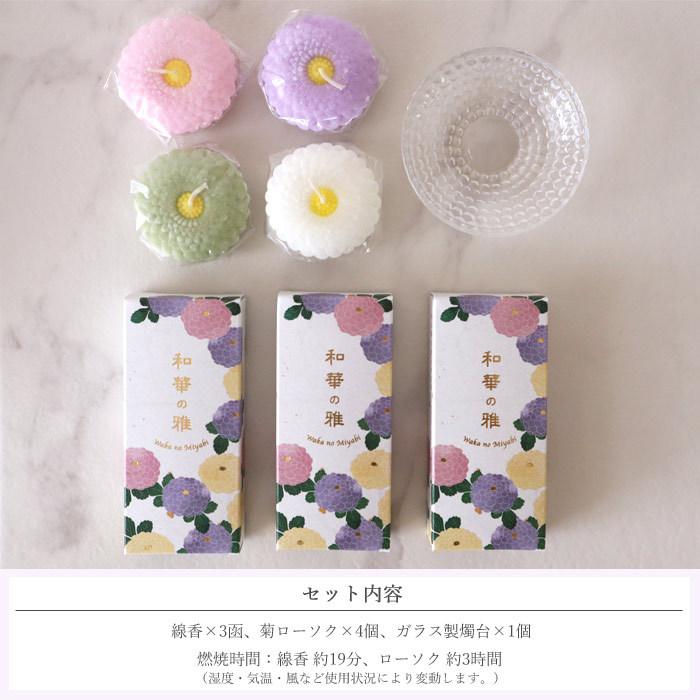 お盆 お彼岸 お線香と花のセット 洋花を使った旬のおまかせ お供え花「鞠花アレンジ」 とカメヤマローソク ミニ寸線香とローソクのセット「和華の雅」 FKAASEの画像