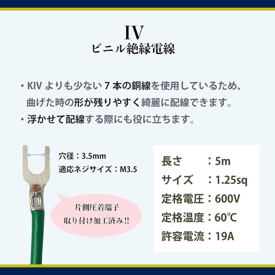 アース線 IV 1.25sq 緑 5m〜50m 片側にY型圧着端子付き 600V 圧着加工