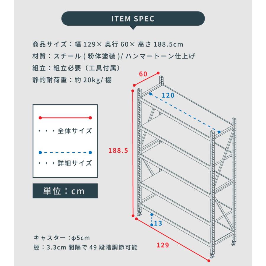 オープンラック 可動棚 ボルトいらず キャスター付き シェルフ シンプル 収納 棚 幅129cm ディスプレイ インダストリアル おしゃれ かっこいい 展示 デスクの画像