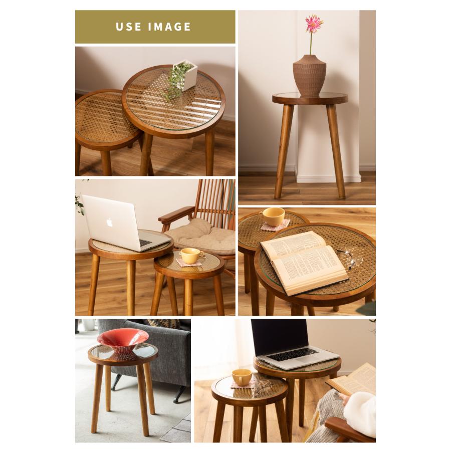 東谷 サイドテーブル 円形 S テーブル ラタン 籐 ガラス 天然木