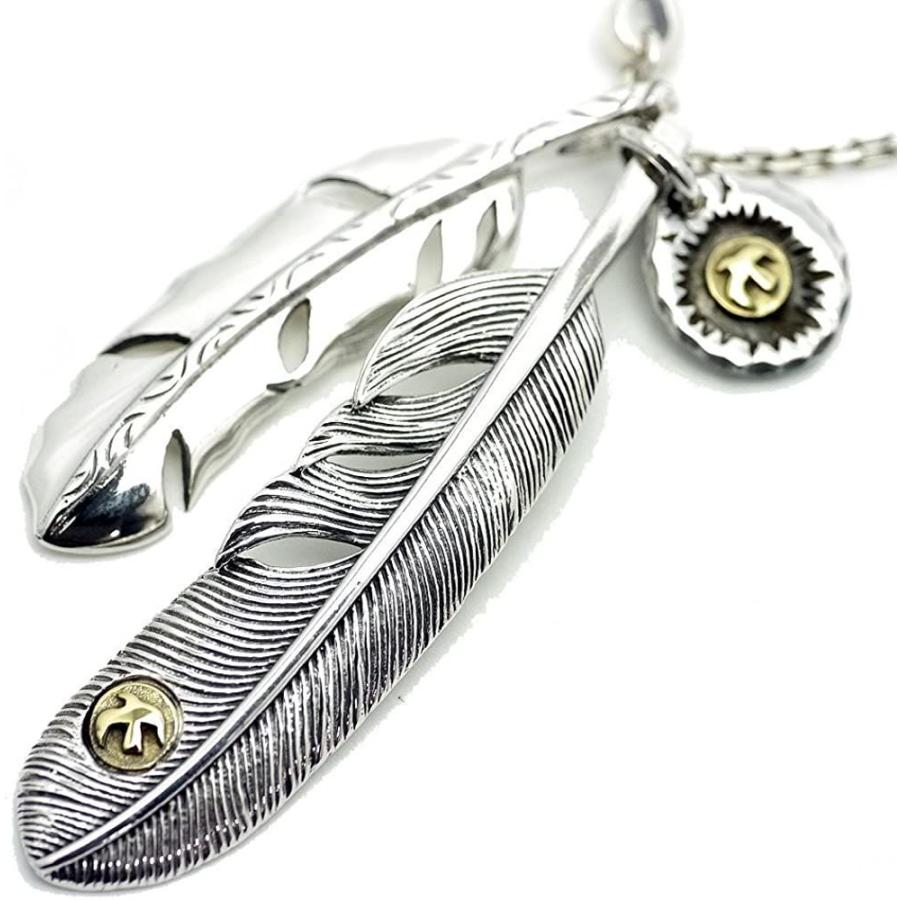 最終値下げ シルバーワン イ ゴールド 羽 60cm Ue メンズ チェーン ペンダント ネックレス 金鷹メタル フェザー ダブル シルバー925 メンズアクセサリー Dagl Tg