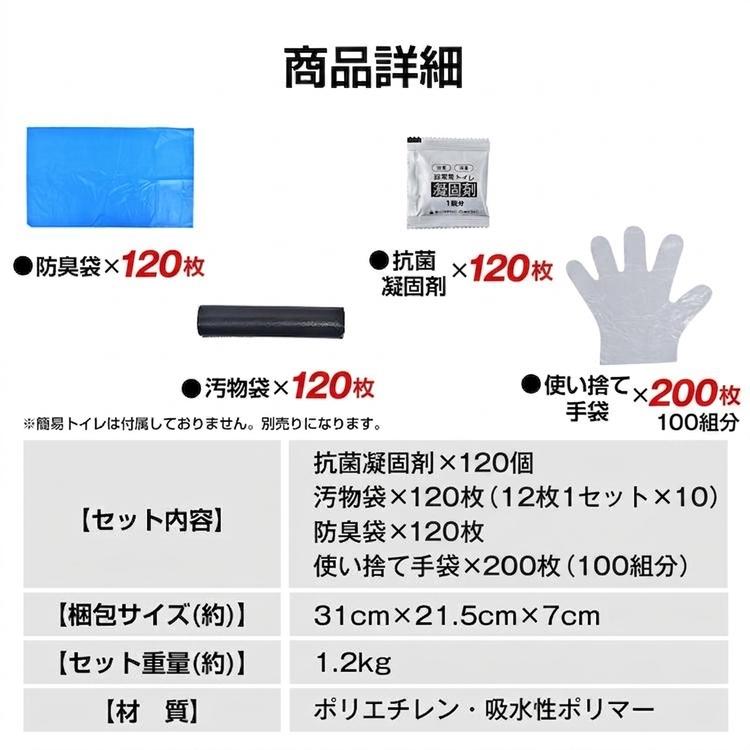 簡易トイレ 凝固剤 120回分 非常用トイレセット 抗菌 汚物袋 防災