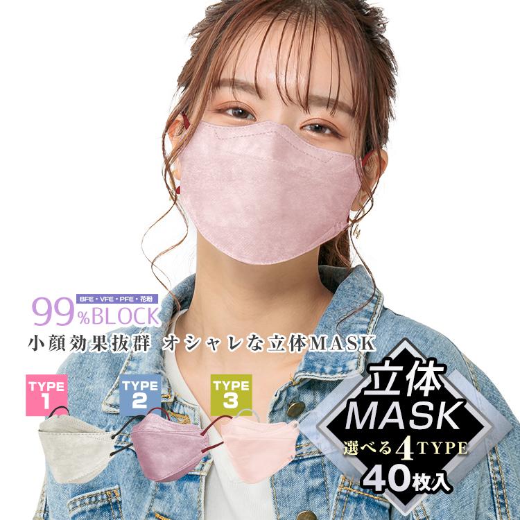 マスク 不織布 3D 立体 4層 不織布マスク 40枚 おしゃれ 立体マスク バイカラー 不織布カラーマスク カラーマスク 使い捨てマスク 血色マスク くすみカラー（Yahoo!・Fkstyle）