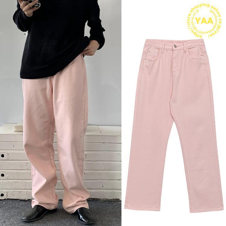 ピンク デニムパンツ ジーンズ ロング丈 ワイドパンツ 春 夏 秋 ピンク デニムパンツ ジーンズ ロング丈 ワイドパンツ 春 夏 秋