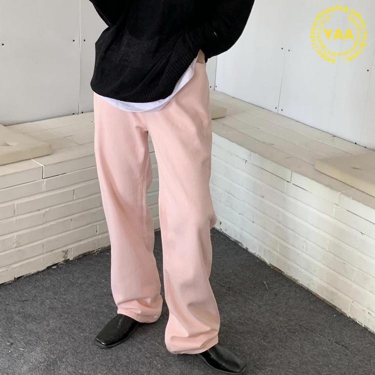 ピンク デニムパンツ ジーンズ ロング丈 ワイドパンツ 春 夏 秋 ピンク デニムパンツ ジーンズ ロング丈 ワイドパンツ 春 夏 秋