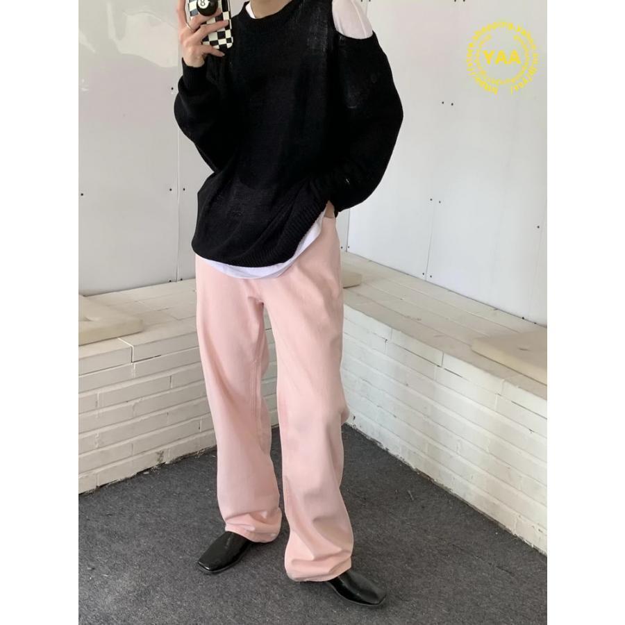 ピンク デニムパンツ ジーンズ ロング丈 ワイドパンツ 春 夏 秋 ピンク デニムパンツ ジーンズ ロング丈 ワイドパンツ 春 夏 秋