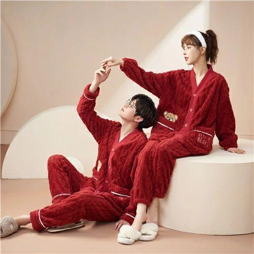 ペアパジャマ 冬 もこもこ カップル ペア ルームウェア セット 前開き