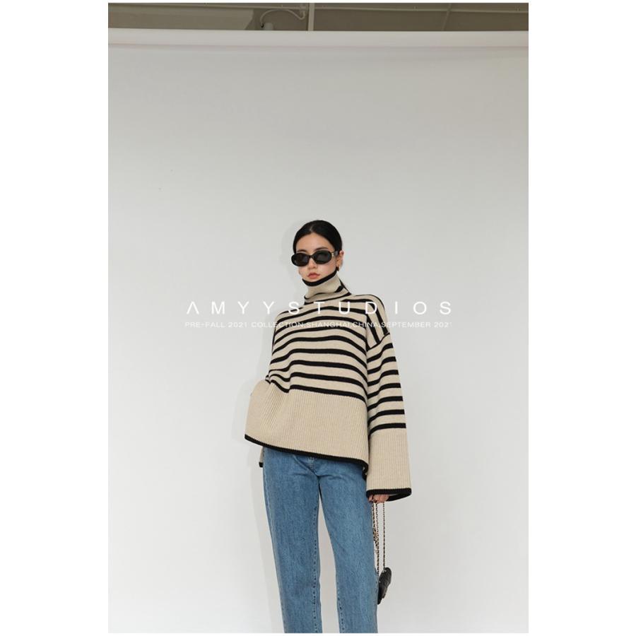 ニット　セーター 　 タートルネック　ロングスリーブ 　シマシマ　カジュアル タートルネック ニットセーター 春 レディース ロングスリーブ