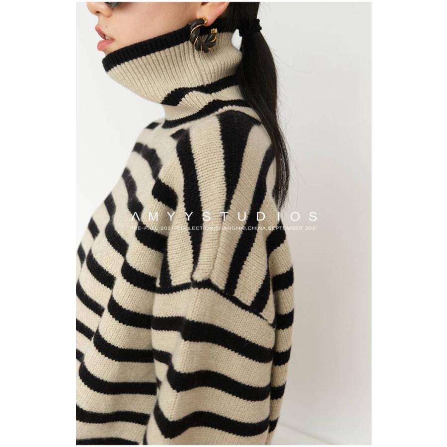 ニット　セーター 　 タートルネック　ロングスリーブ 　シマシマ　カジュアル ニット セーター タートルネック ロングスリーブ シマシマ