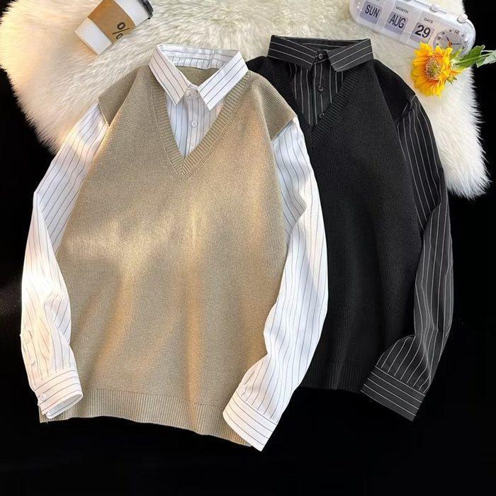 ニットベスト シャツ 重ね着風 Vネック フェイクレイヤード 長袖