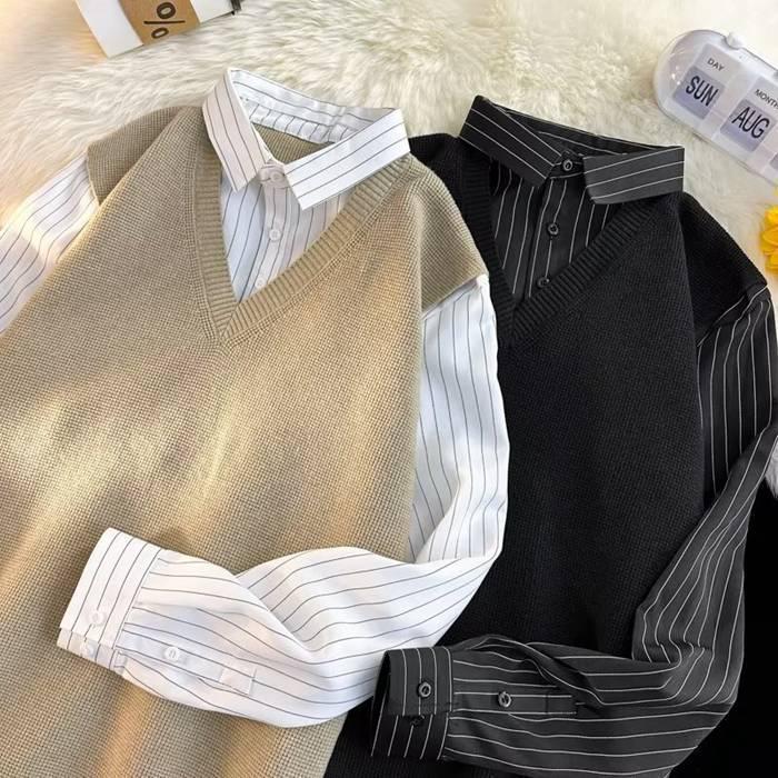 ニットベスト シャツ 重ね着風 Vネック フェイクレイヤード 長袖