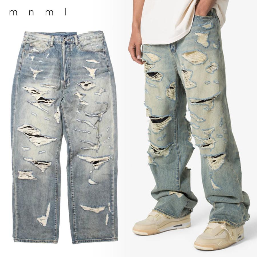 mnml/ミニマル｜バギー デニムパンツ/ULTRA BAGGY DISTRESSED DENIM 24ML-AW393D｜クラッシュ 加工 ワイドパンツ ストリート | mnml