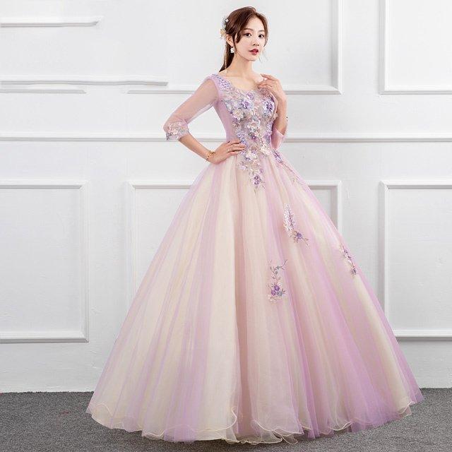 大きな割引 Aライン 演奏会ドレス 発表会 ロングドレス 9分袖 キレイめ 花柄 お呼ばれ 二次会 パーティードレス パープル 袖あり イブニングドレス パーティドレス サイズ Xxl Www Oroagri Eu