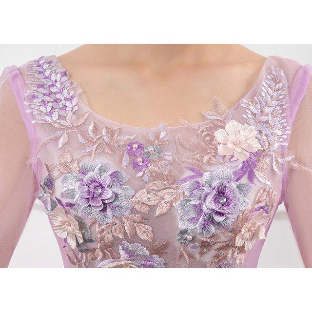高品質 Aライン 演奏会ドレス 発表会 ロングドレス 9分袖 キレイめ 花柄 お呼ばれ 二次会 パーティードレス パープル 袖あり イブニングドレス パーティドレス サイズ M Www Oroagri Eu