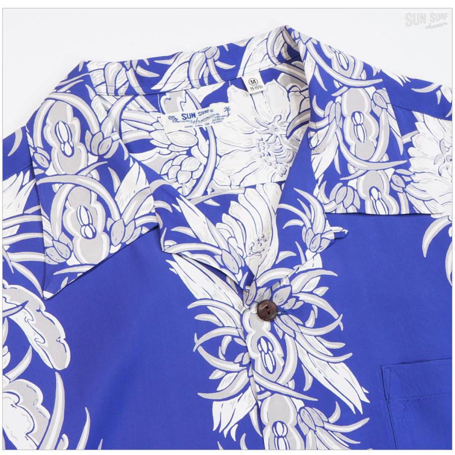 SUN SURF サンサーフ 半袖アロハシャツ L レイ フラワー 青 SUN SURF