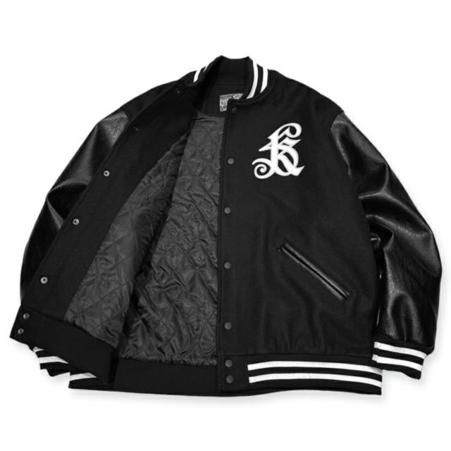 Mサイズ Kustomstyle カスタムスタイル スタジャン "ARCHED LOGO" MELTON VARSITY JACKET スタジアムジャケット BLACK/WHITE｜flashcadillackustom｜02