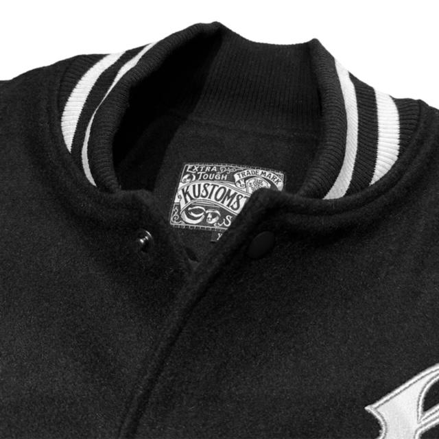 Mサイズ Kustomstyle カスタムスタイル スタジャン "ARCHED LOGO" MELTON VARSITY JACKET スタジアムジャケット BLACK/WHITE｜flashcadillackustom｜03