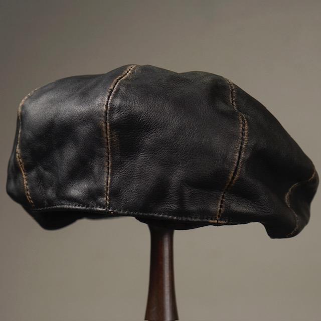 OLD CROW (オールドクロウ) 101 - MOTORCYCLE CASQUETTE BLACK レザー キャスケット ブラックの画像