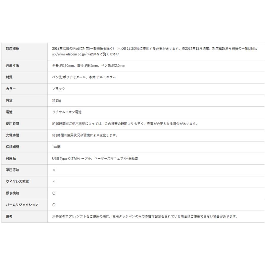 iPad専用タッチペン 充電式アクティブタッチペン ELECOM エレコム 極細2.0mm 傾き検知 パームリジェクション USB Type-C充電 ブラック P-TPACSTAP02BK ◆メ | ELECOM | 03