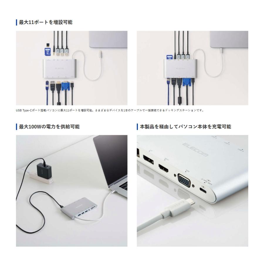 ドッキングステーション 11in1 4画面マルチモニター ELECOM エレコム Displayport HDMI D-sub 4極3.5mm SD+microSD LAN シルバー DST-C28SV ◆メ | ELECOM | 02