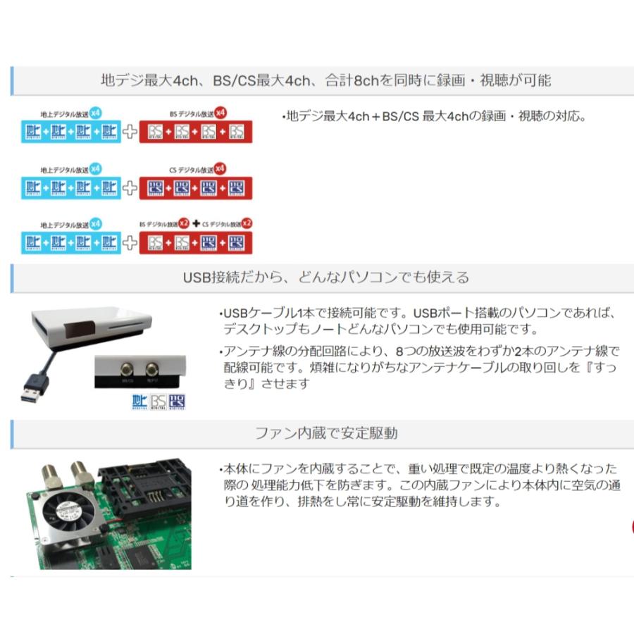 クアッドTVチューナー 地上デジタル/BS/CS 8チャンネル同時録画視聴 PLEX プレクス 外付型 USB接続 3波対応 Windows11/10対応 PX-Q3U4 ◆宅｜flashmemory｜02