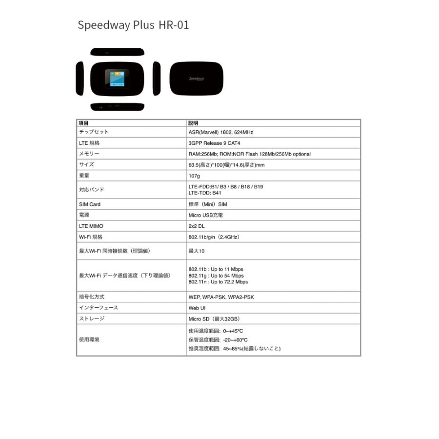 LTEモバイルルーター SIMフリー Speedway Welinkジャパン 標準SIM 10台同時接続 連続使用12h(最大) USB充電式 802.11b/g/n対応 107g ブラック HR-01 ◆宅 |  | 04