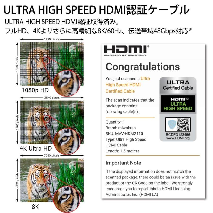 HDMIケーブル ver2.1 ウルトラハイスピード 2m miwakura 美和蔵 48Gbps / 8K 60Hz / HDR / eARC対応 強靭メッシュ仕様 200cm ブラック MAV-HDM2120 ◆メ | ブランド登録なし | 02