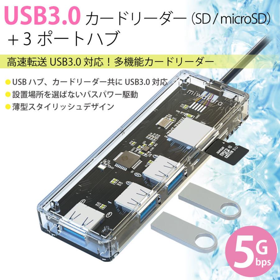 多機能カードリーダー 3ポートHUB ハブ付 USB3.0 miwakura 美和蔵 2スロット(SD/microSD)+USB-A x3 バスパワー 高透明デザイン 左側ポート MPC-HU3PU3CR-R ◆メ｜flashmemory｜02